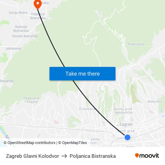 Zagreb Glavni Kolodvor to Poljanica Bistranska map