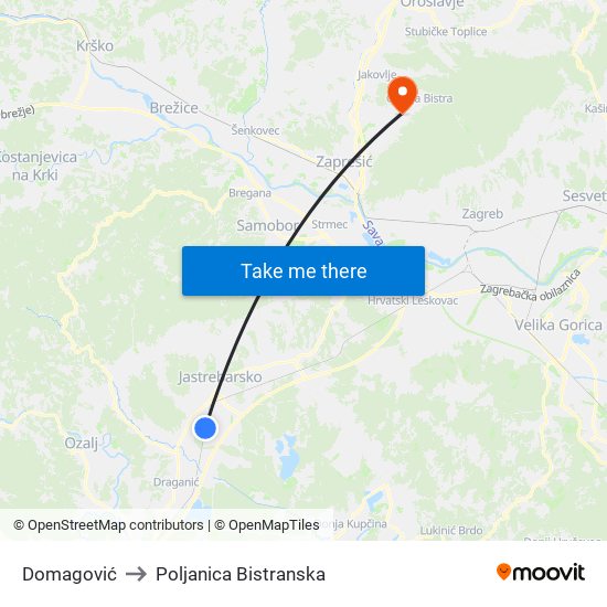 Domagović to Poljanica Bistranska map