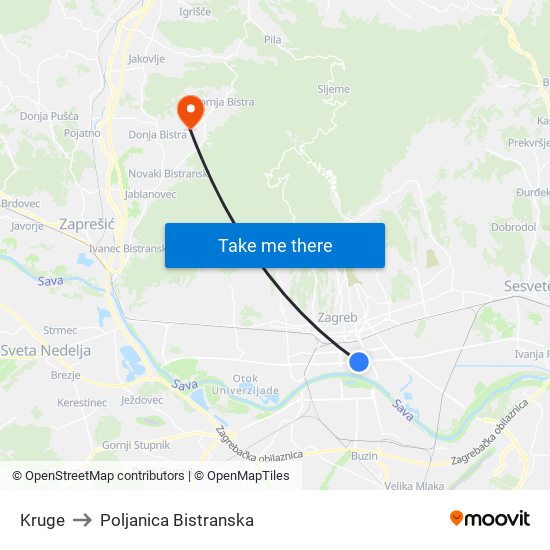 Kruge to Poljanica Bistranska map