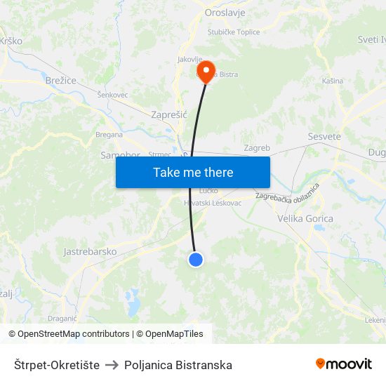 Štrpet-Okretište to Poljanica Bistranska map