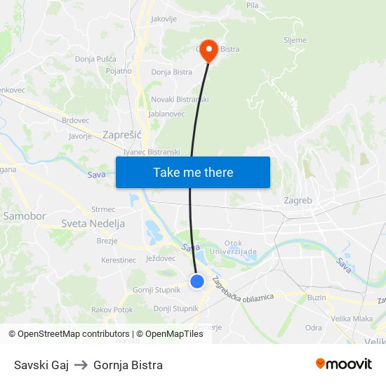 Savski Gaj to Gornja Bistra map