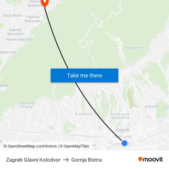 Zagreb Glavni Kolodvor to Gornja Bistra map