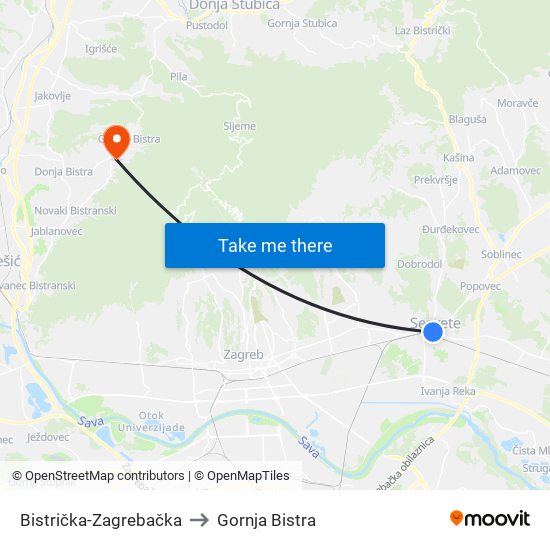 Bistrička-Zagrebačka to Gornja Bistra map