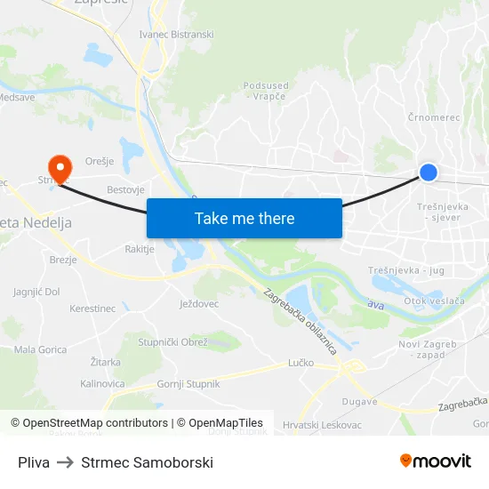 Pliva to Strmec Samoborski map