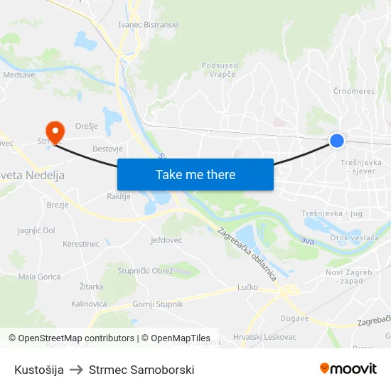 Kustošija to Strmec Samoborski map