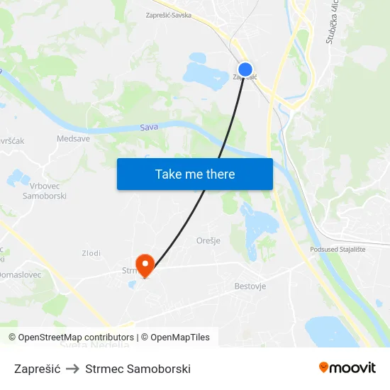 Zaprešić to Strmec Samoborski map