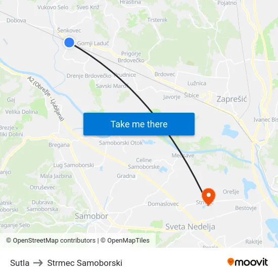 Sutla to Strmec Samoborski map