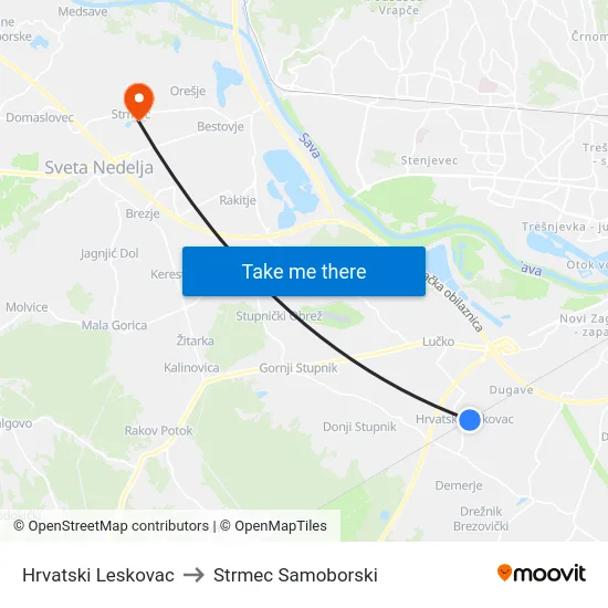Hrvatski Leskovac to Strmec Samoborski map