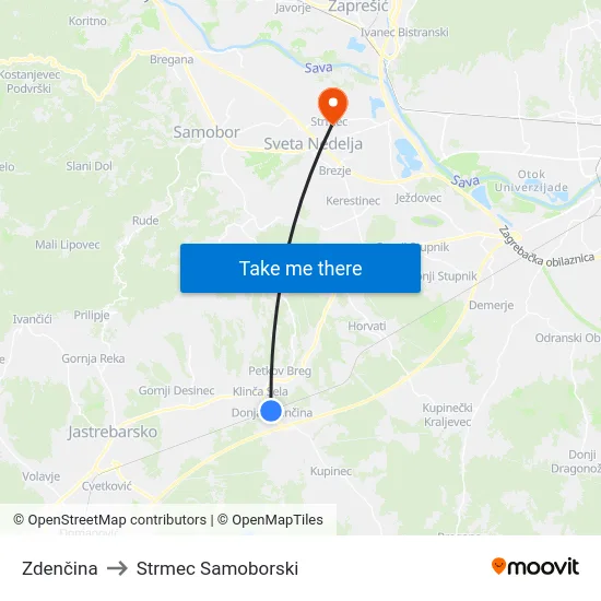 Zdenčina to Strmec Samoborski map