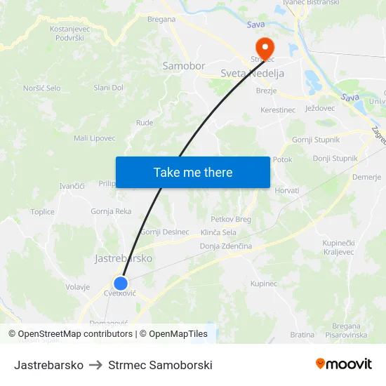 Jastrebarsko to Strmec Samoborski map