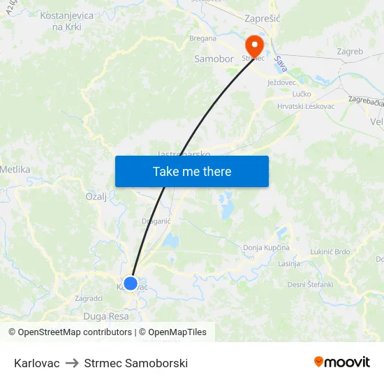 Karlovac to Strmec Samoborski map