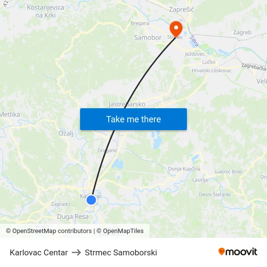 Karlovac Centar to Strmec Samoborski map