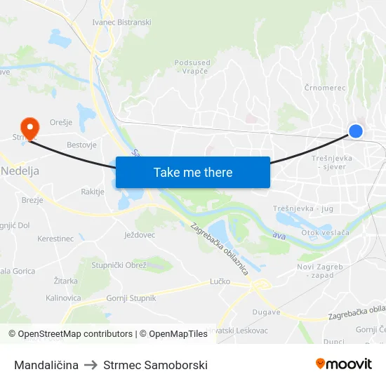 Mandaličina to Strmec Samoborski map