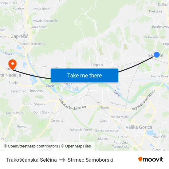 Trakoščanska-Selčina to Strmec Samoborski map