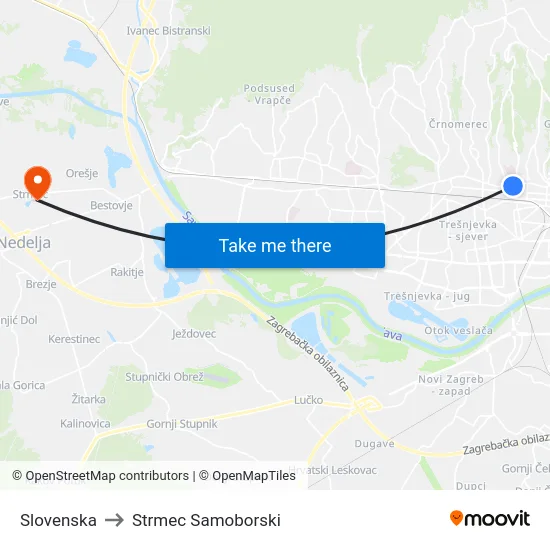 Slovenska to Strmec Samoborski map