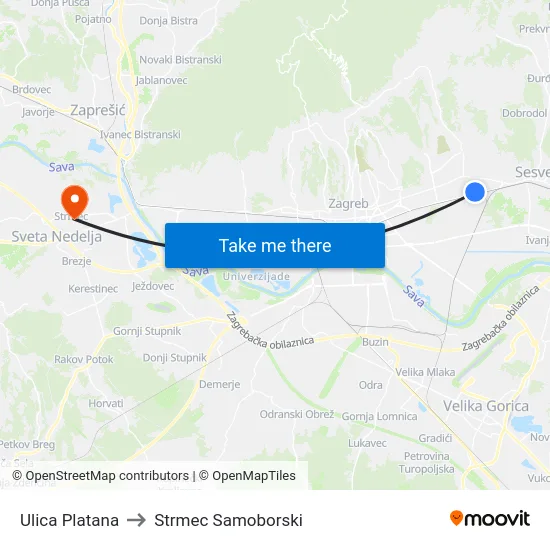Ulica Platana to Strmec Samoborski map