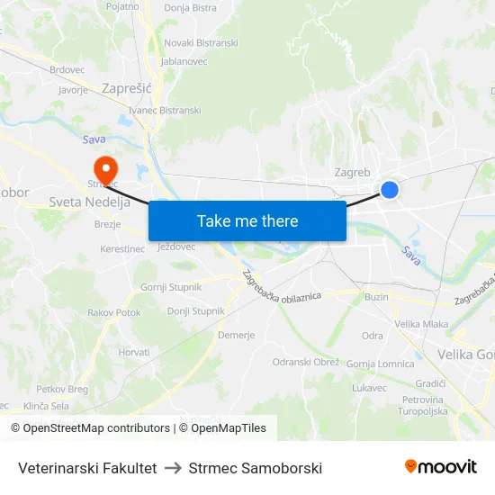 Veterinarski Fakultet to Strmec Samoborski map
