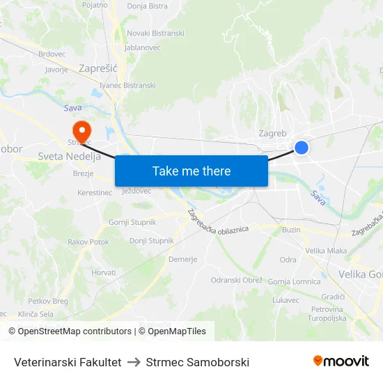 Veterinarski Fakultet to Strmec Samoborski map