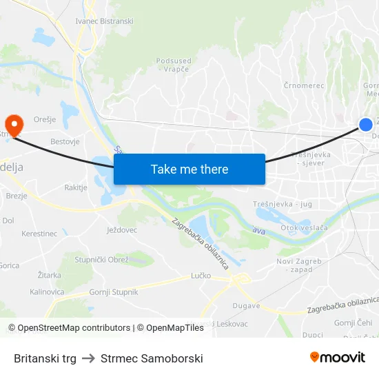 Britanski trg to Strmec Samoborski map