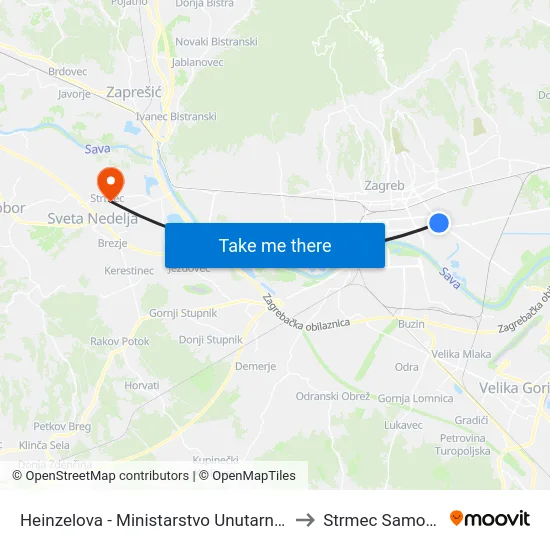 Heinzelova - Ministarstvo Unutarnjih Poslova to Strmec Samoborski map