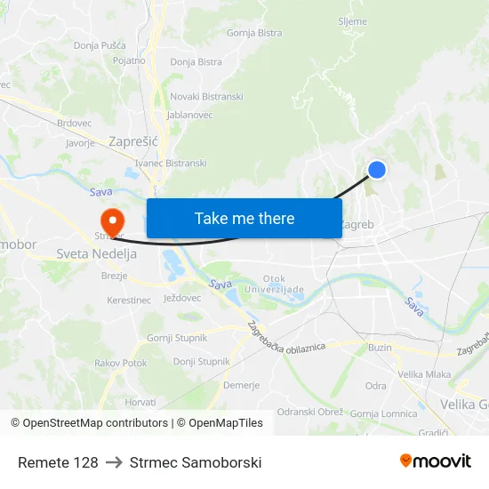 Remete 128 to Strmec Samoborski map