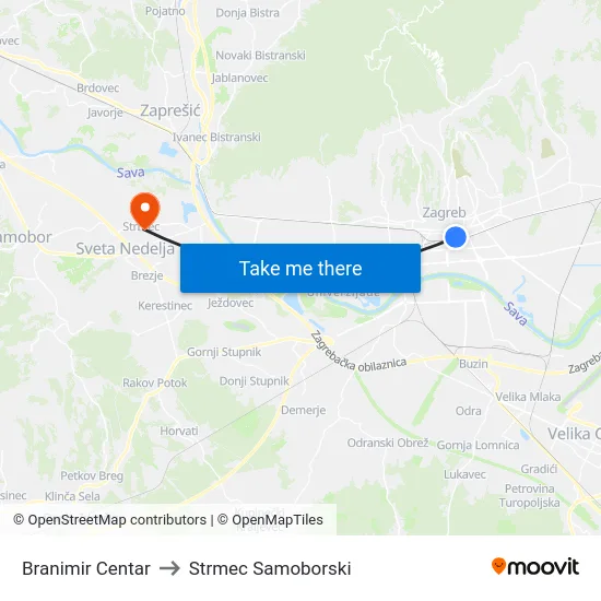 Branimir Centar to Strmec Samoborski map