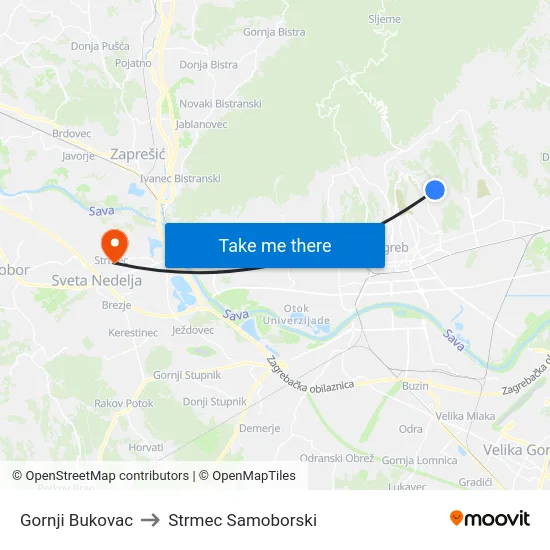 Gornji Bukovac to Strmec Samoborski map
