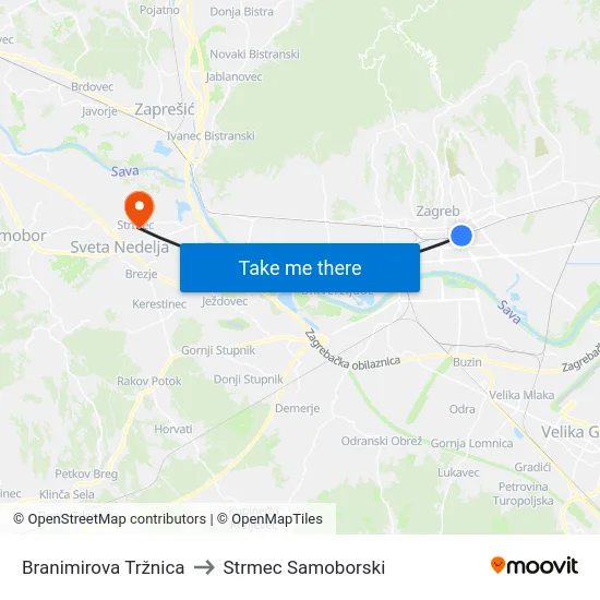Branimirova Tržnica to Strmec Samoborski map