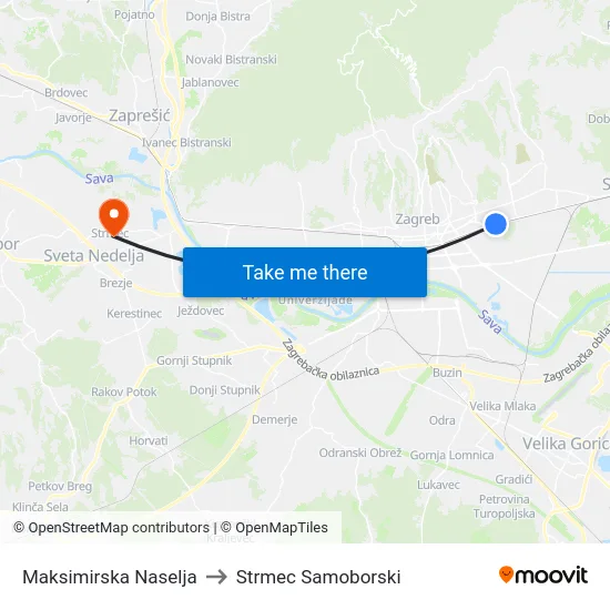 Maksimirska Naselja to Strmec Samoborski map