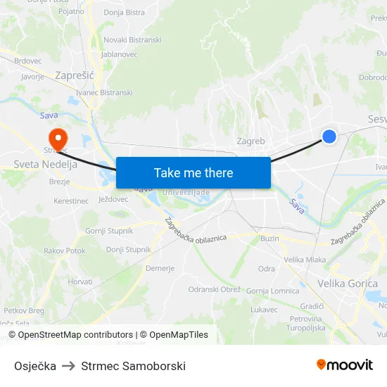 Osječka to Strmec Samoborski map