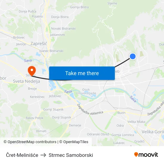 Čret-Melinišće to Strmec Samoborski map