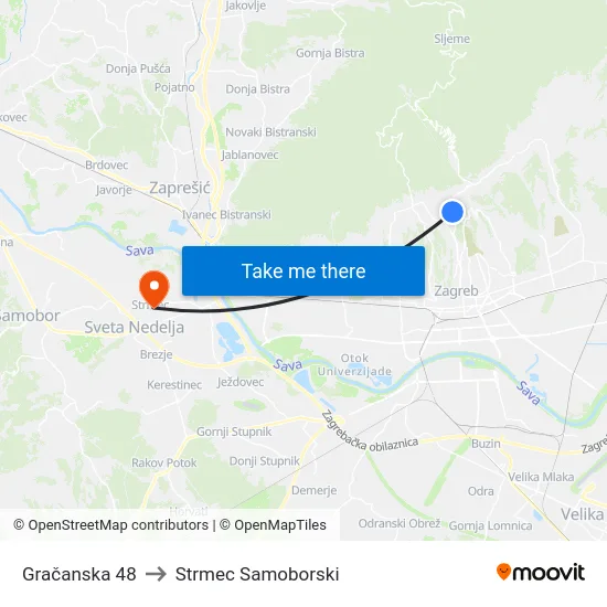 Gračanska 48 to Strmec Samoborski map
