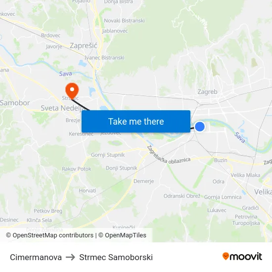 Cimermanova to Strmec Samoborski map