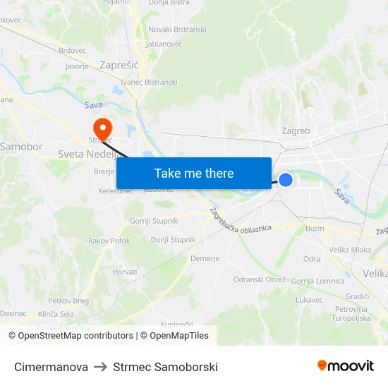 Cimermanova to Strmec Samoborski map