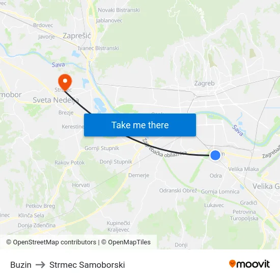 Buzin to Strmec Samoborski map