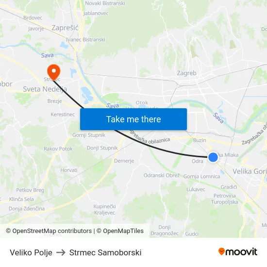 Veliko Polje to Strmec Samoborski map