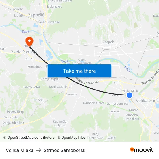 Velika Mlaka to Strmec Samoborski map