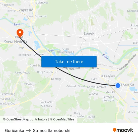 Goričanka to Strmec Samoborski map