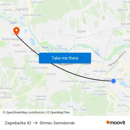 Zagrebačka 42 to Strmec Samoborski map
