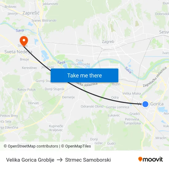 Velika Gorica Groblje to Strmec Samoborski map