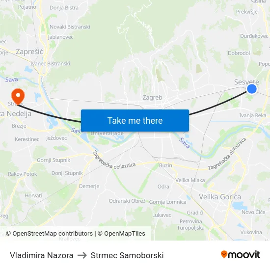 Vladimira Nazora to Strmec Samoborski map