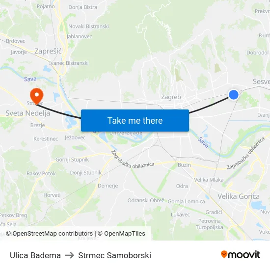 Ulica Badema to Strmec Samoborski map