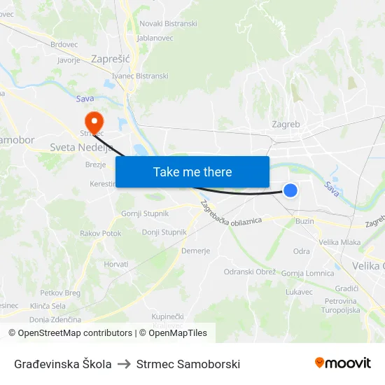 Građevinska Škola to Strmec Samoborski map