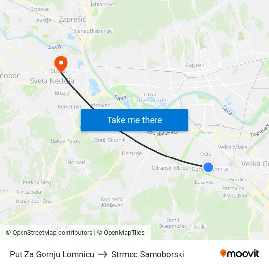 Put Za Gornju Lomnicu to Strmec Samoborski map