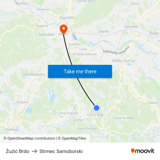 Žužić Brdo to Strmec Samoborski map