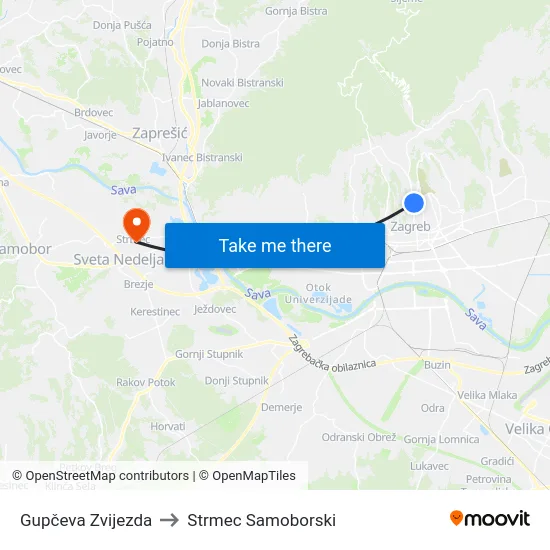 Gupčeva Zvijezda to Strmec Samoborski map
