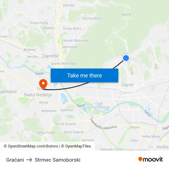 Gračani to Strmec Samoborski map