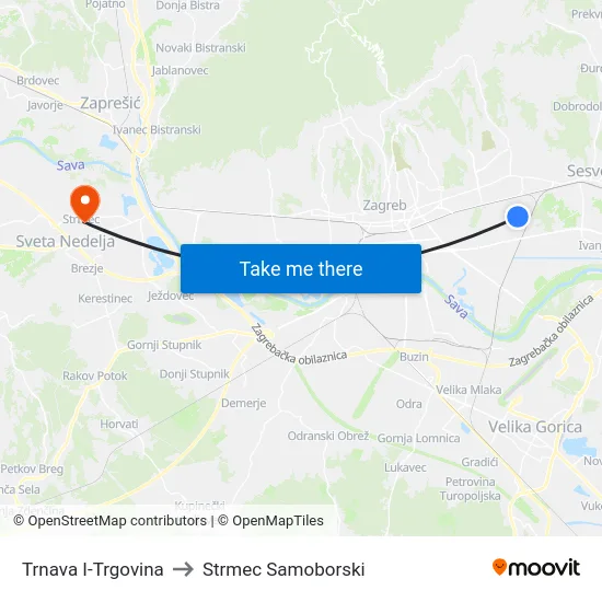 Trnava I-Trgovina to Strmec Samoborski map