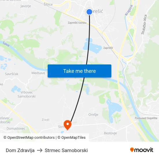 Dom Zdravlja to Strmec Samoborski map