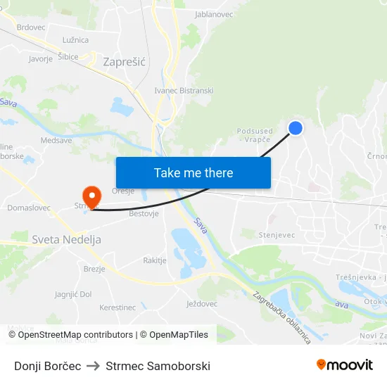 Donji Borčec to Strmec Samoborski map